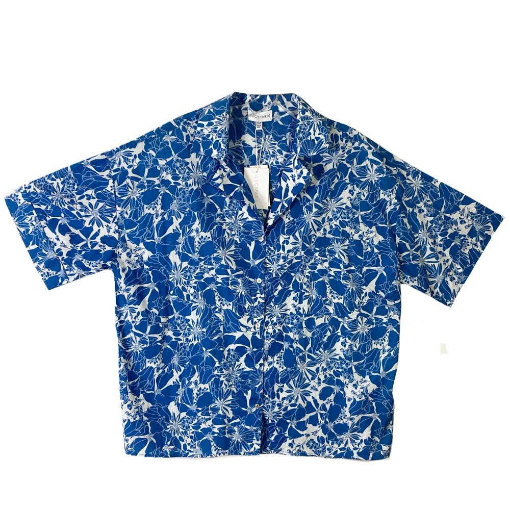 LUCY PARIS Shirt Women M Blue White Oversize Floral Pearl Button ShortSlv Pocket